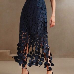 Laser Cut Multi Circle Double Layered Midi Navy Blue Skirt